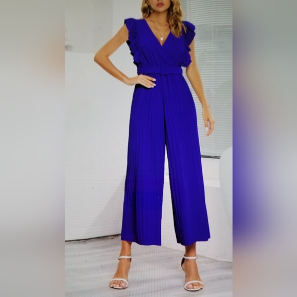 C.Cline blue flutter sleeve wide leg jumpsuit size XL - Picture 1 of 5